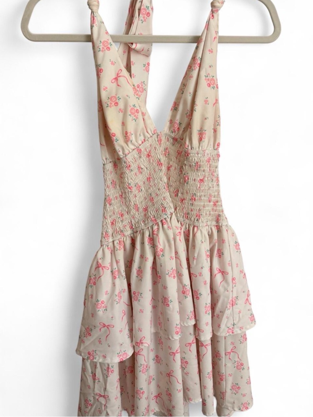 Smocked Floral Tiered Sundress With Floral Bow Design